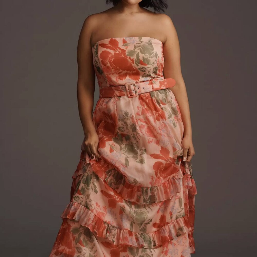 Hutch Strapless Floral Maxi Dress in Coral and Sage